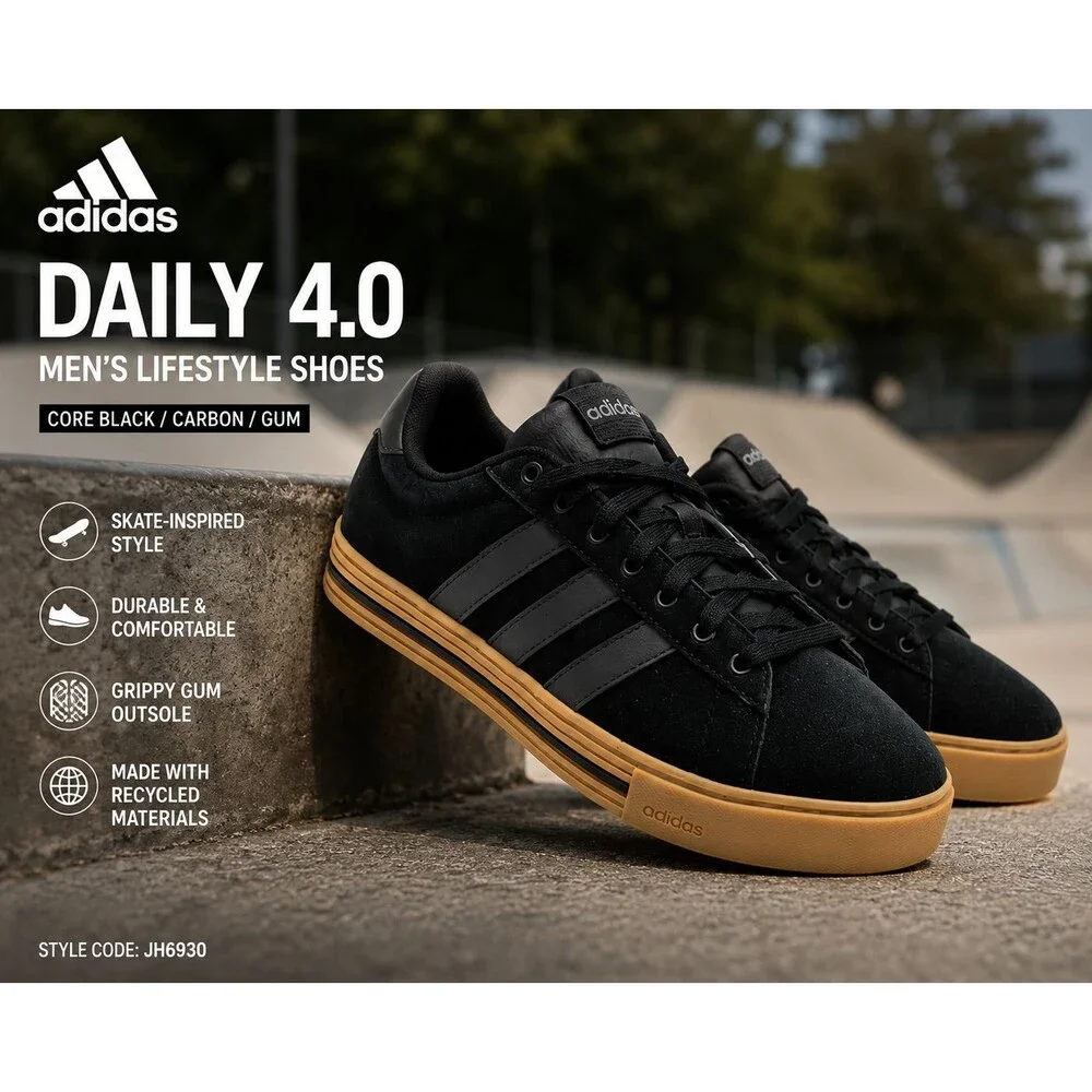 ADIDAS DAILY 4.0 JH6930 MEN'S 7.5 WOMEN'S 8.5 CORE BLACK GUM SKATE SHOES NIB